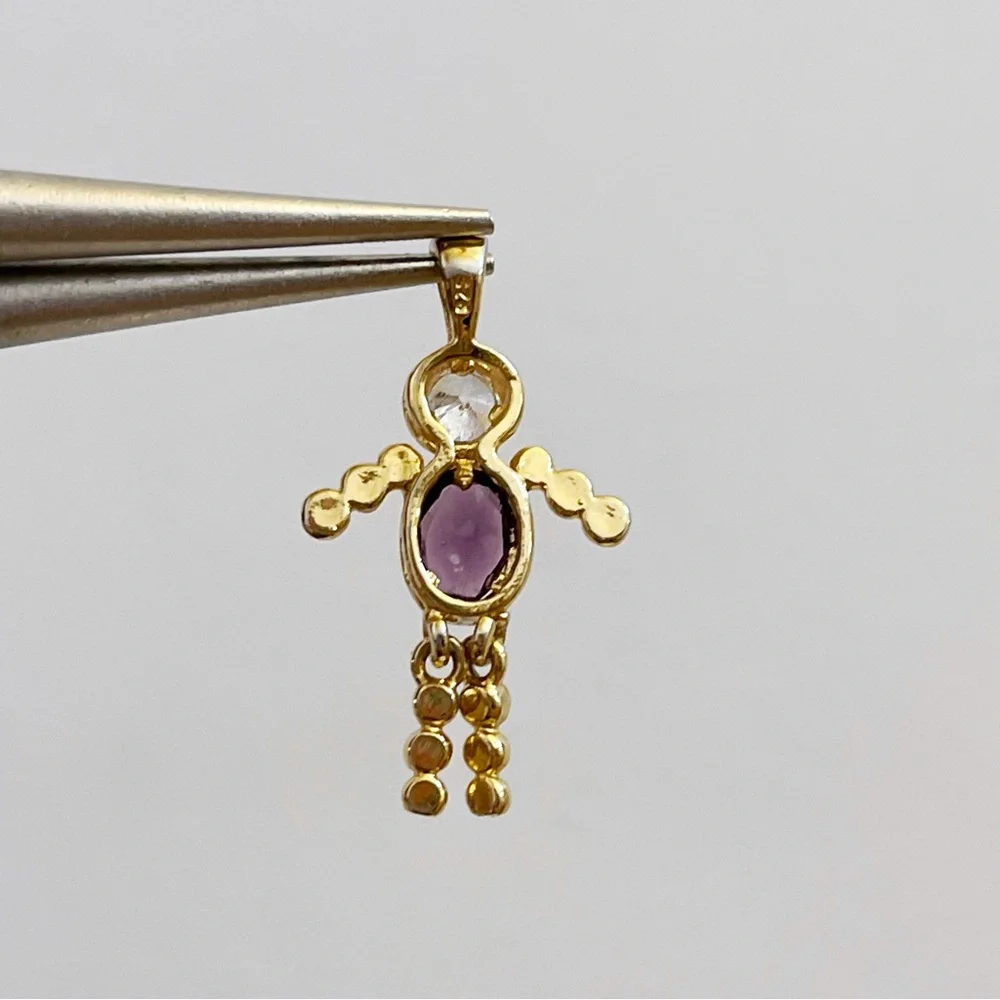 925 Sterling Faux Diamond Faux Amethyst Girl Birthstone Pendant 1.25” - Picture 6 of 9